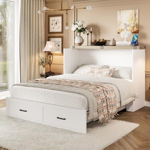 Queen Size White Foldable Murphy Bed with Charging Station Q37852