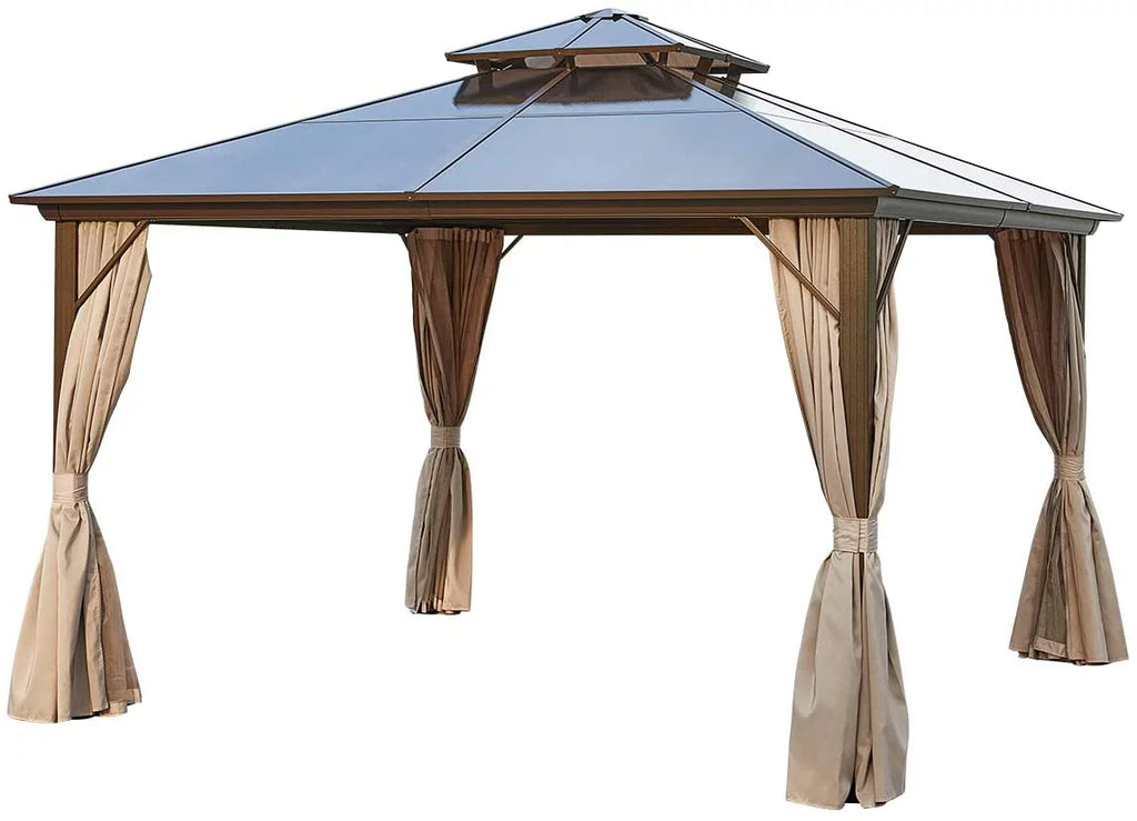 12 ft Polycarbonate Double Roof Hardtop Gazebo Canopy, Beige M93017