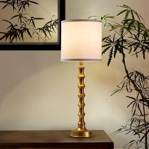 Gold Table Lamp Set of 2 Bamboo Shape 29" with Linen White Shade R8969