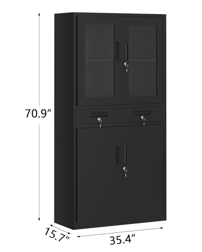 71 Inch Black Metal Storage Cabinet with Glass Doors E82991