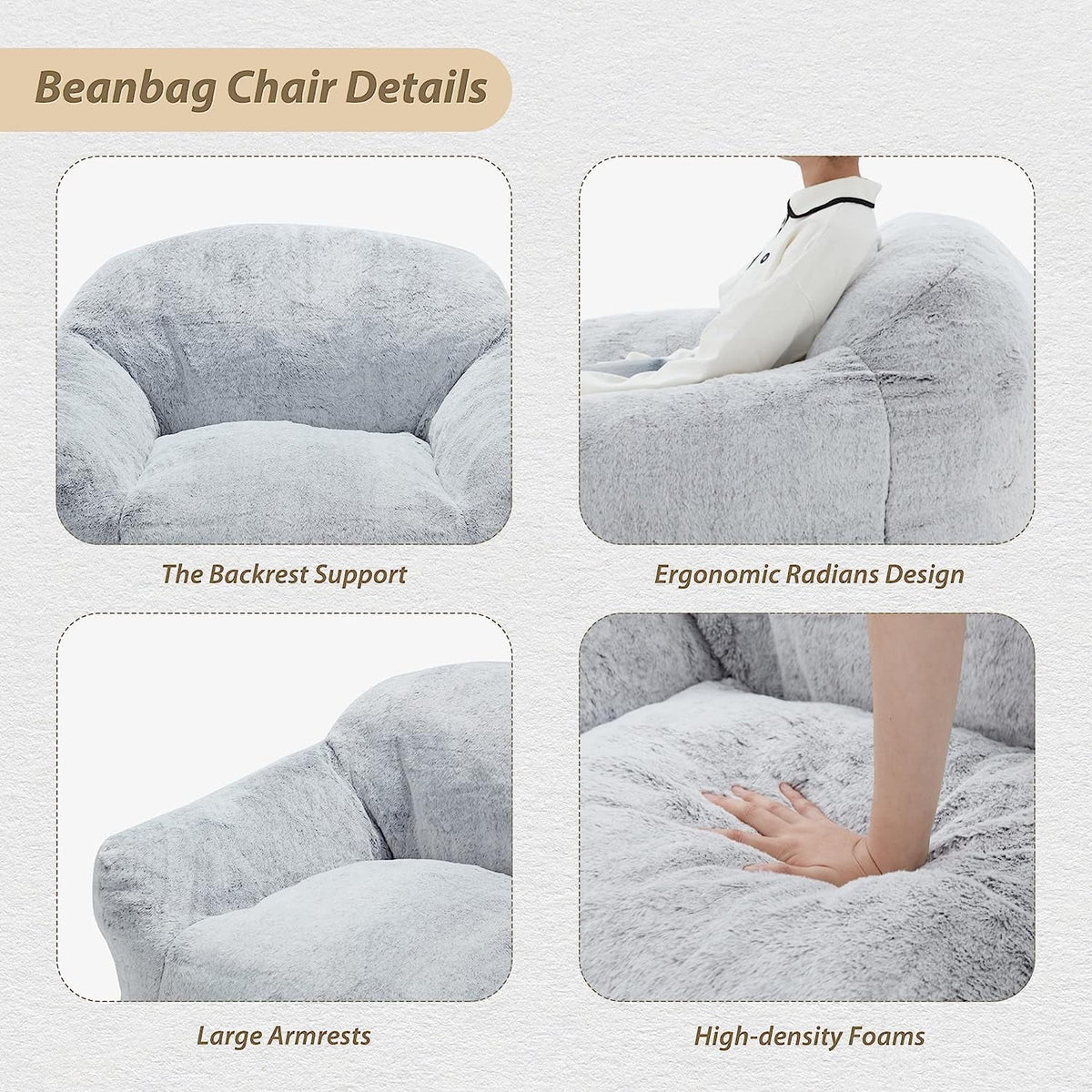 Light Gray Giant Bean Bag Chair with Armrests M609283