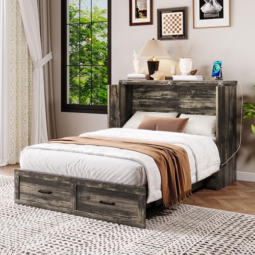 Queen Size White Foldable Murphy Bed with Charging Station Q37852