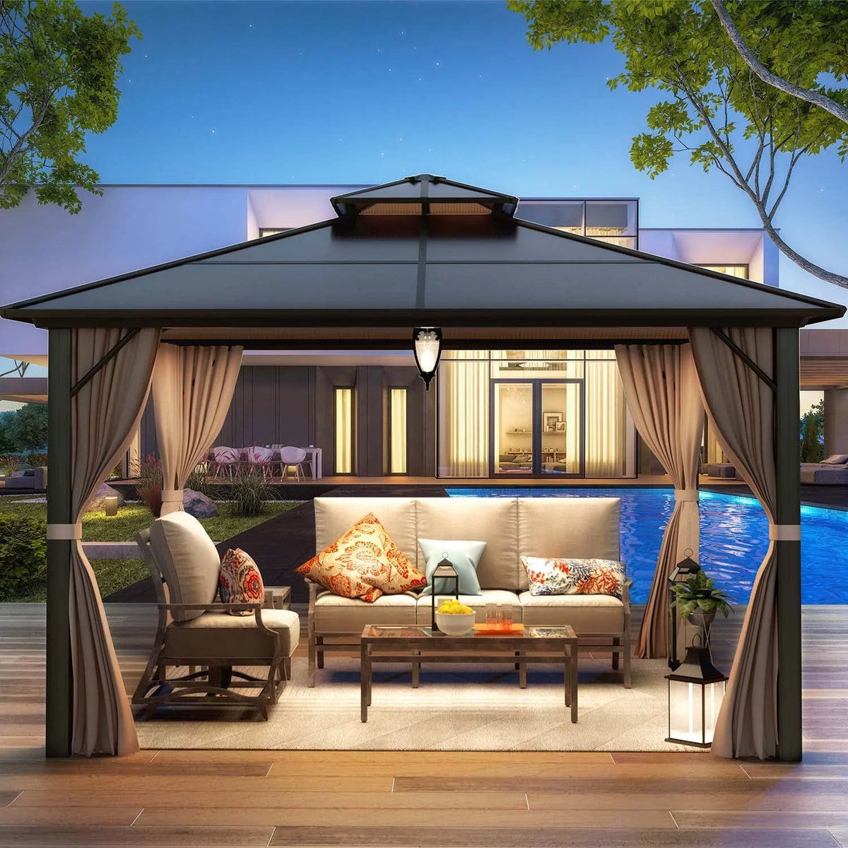 12 ft Polycarbonate Double Roof Hardtop Gazebo Canopy, Beige M93017