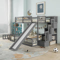 Twin Over Full Bunk Beds with Slide and Stairs, Wood Bunk Bed with Storage Staircase I55686
