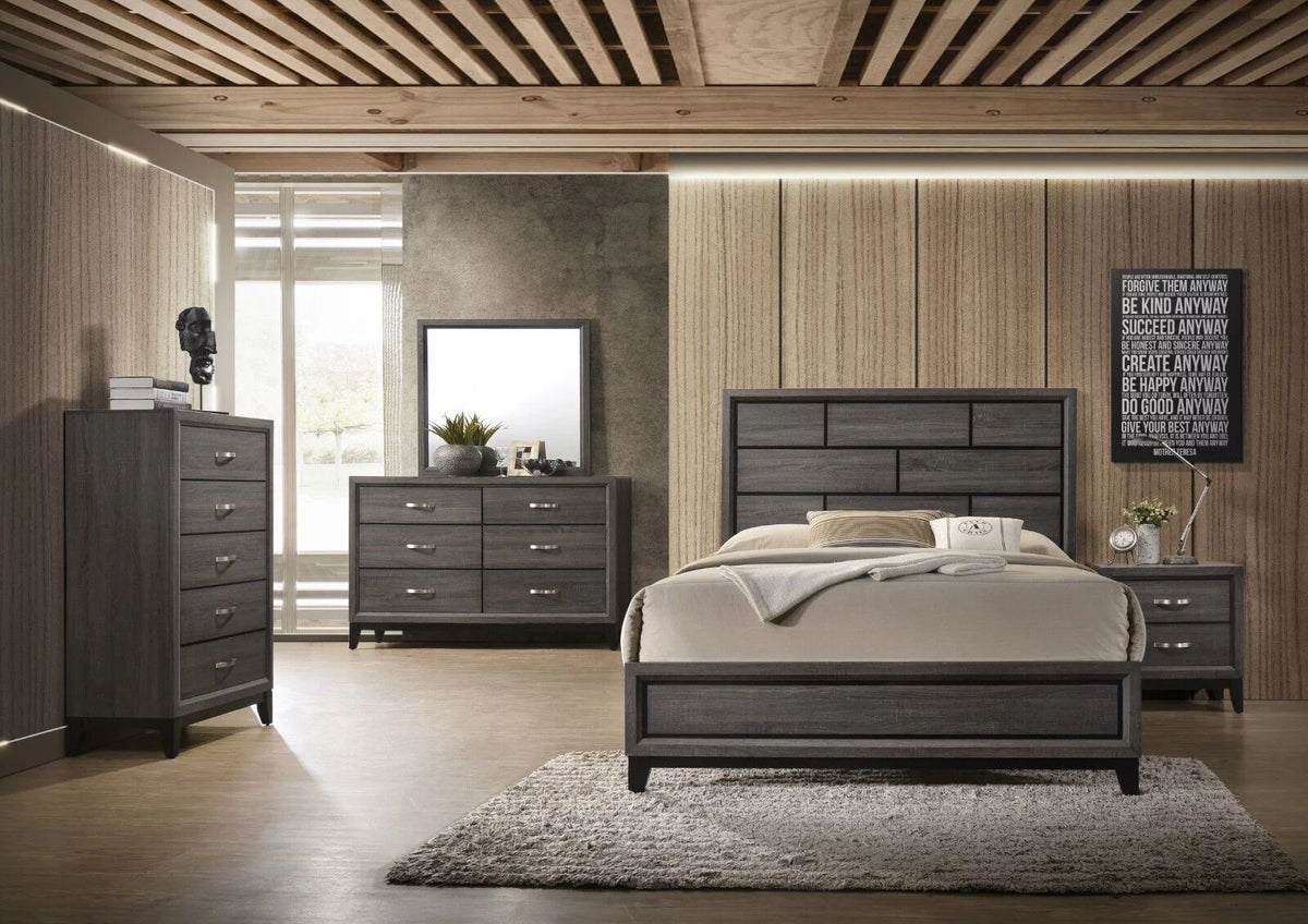 6pc King Size Panel Bed Dresser Mirror Chest Nightstands Bedroom Furniture Set Gray L273