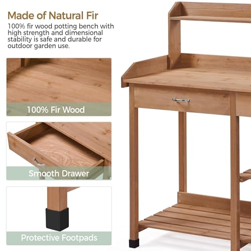 Wood Potting Bench with Sink Drawer Rack Shelves R94086