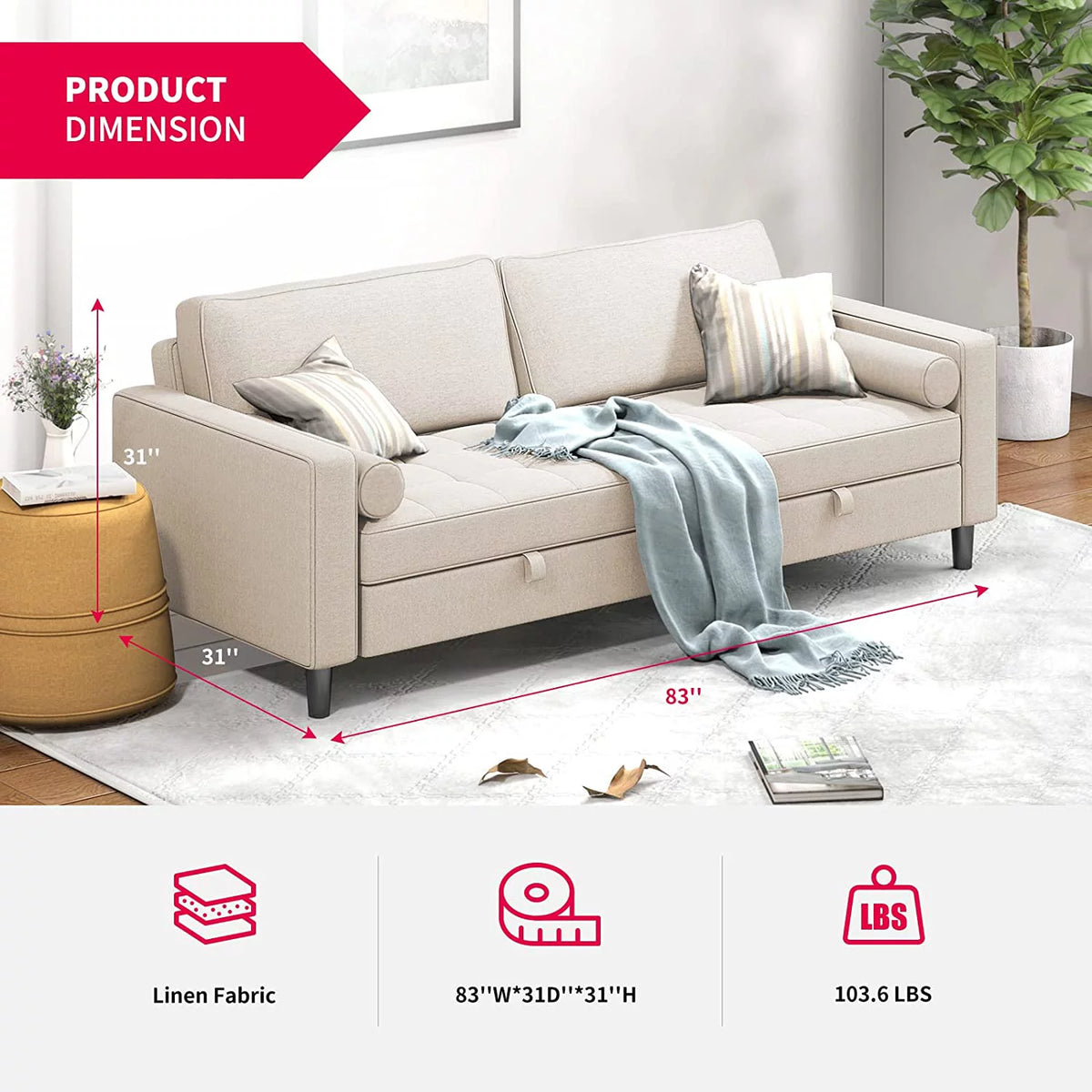 83" Convertible Sleeper Sofa Bed Linen Fabric Beige T3532