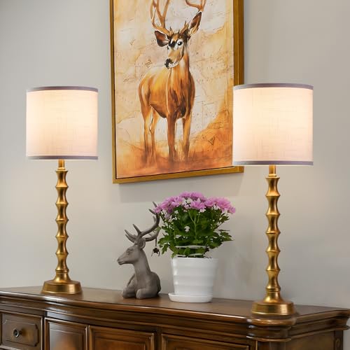 Gold Table Lamp Set of 2 Bamboo Shape 29" with Linen White Shade R8969