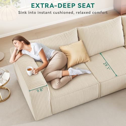 107 Inch Milky White Corduroy L-Shape Sectional Couch with 3 Pillows R548