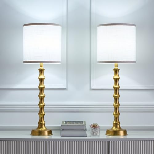 Gold Table Lamp Set of 2 Bamboo Shape 29" with Linen White Shade R8969