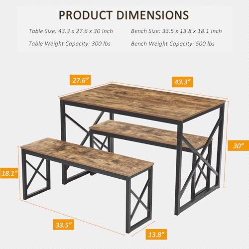 Brown Wood Kitchen Table with 2 Benches P9506