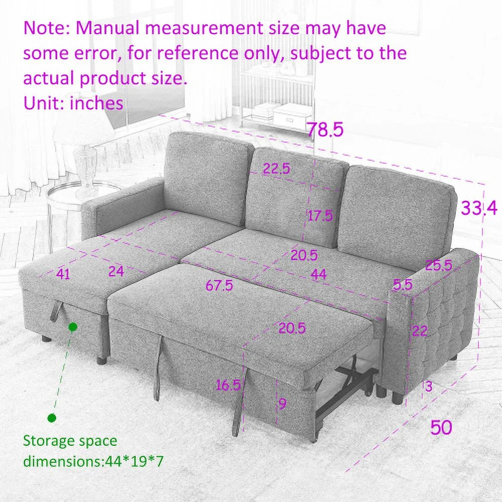 78.8" Reversible L-Shaped Linen Sleeper Sofa with Pullout Bed W83290