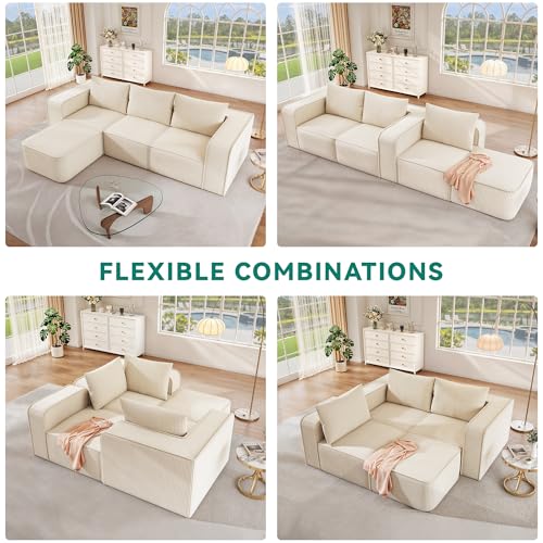 107 Inch Milky White Corduroy L-Shape Sectional Couch with 3 Pillows R548
