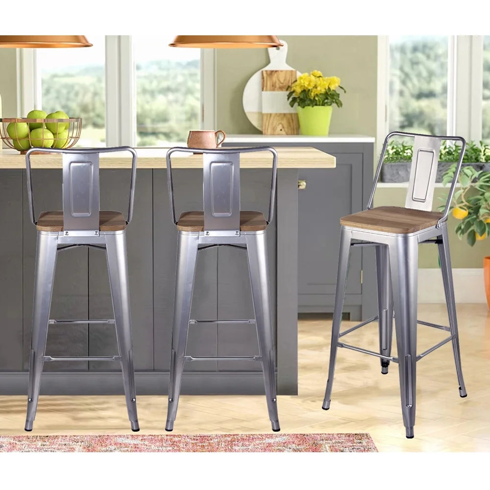 30 Inch Silver Metal Bar Stools with Light Wood Seat, Set of 6 L577