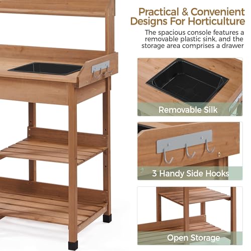 Wood Potting Bench with Sink Drawer Rack Shelves R94086