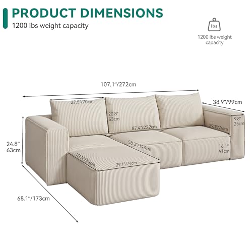 107 Inch Milky White Corduroy L-Shape Sectional Couch with 3 Pillows R548
