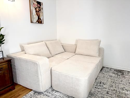 107 Inch Milky White Corduroy L-Shape Sectional Couch with 3 Pillows R548