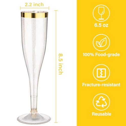 36 Pack 6.5 oz Gold Glitter Plastic Champagne Flutes D6876