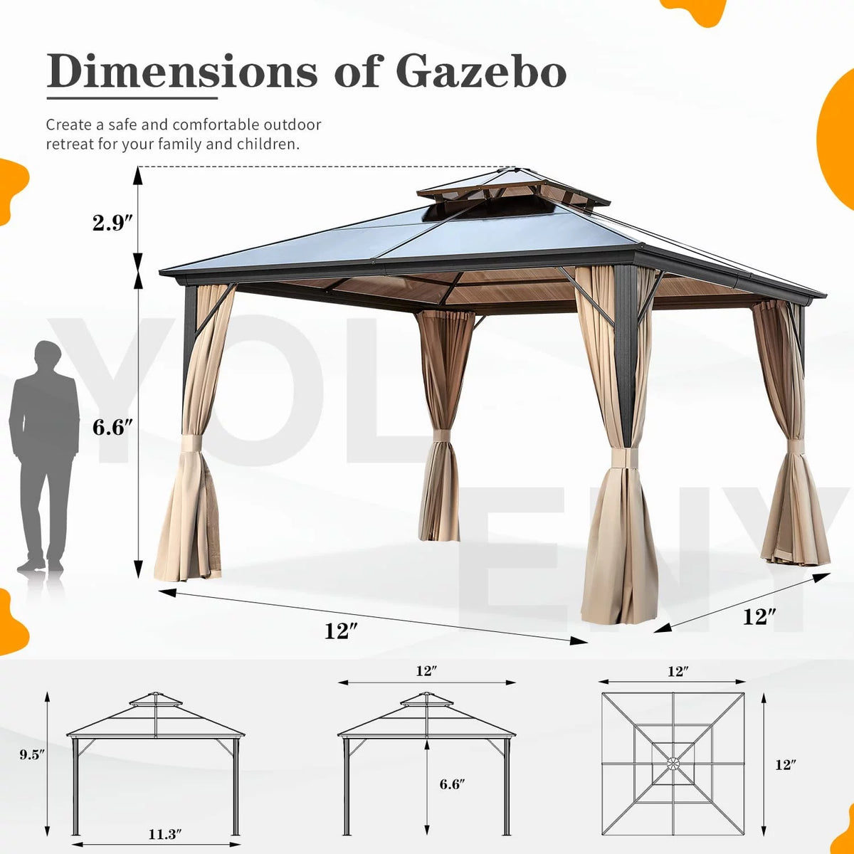 12 ft Polycarbonate Double Roof Hardtop Gazebo Canopy, Beige M93017