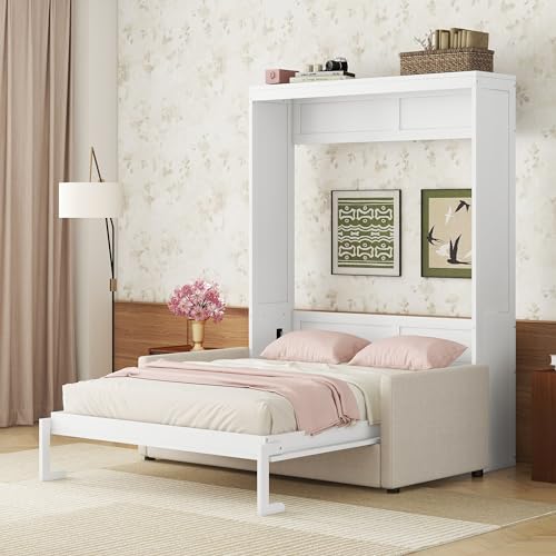 Queen Size Murphy Bed with Sofa and Top Shelf White K38501