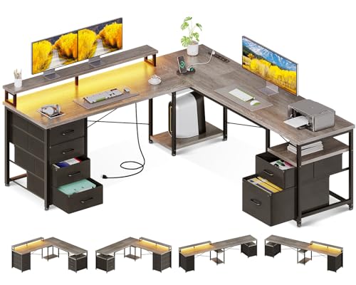 66" L Shaped Computer Desk with File Cabinet & 4 Fabric Drawers, Black J931