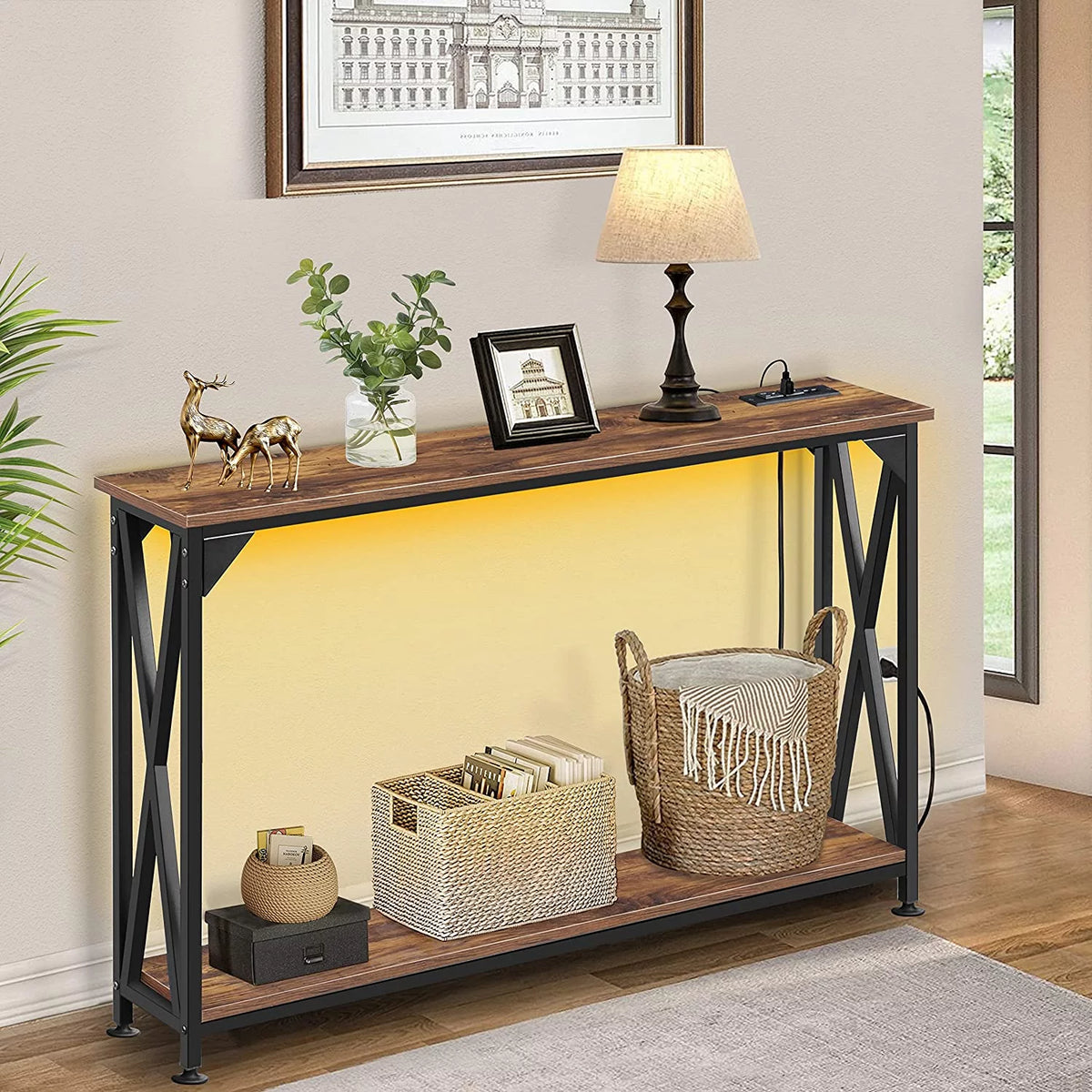 2 Tiers Console Sofa Table with Power Outlet and Open Storage Shelf G632014