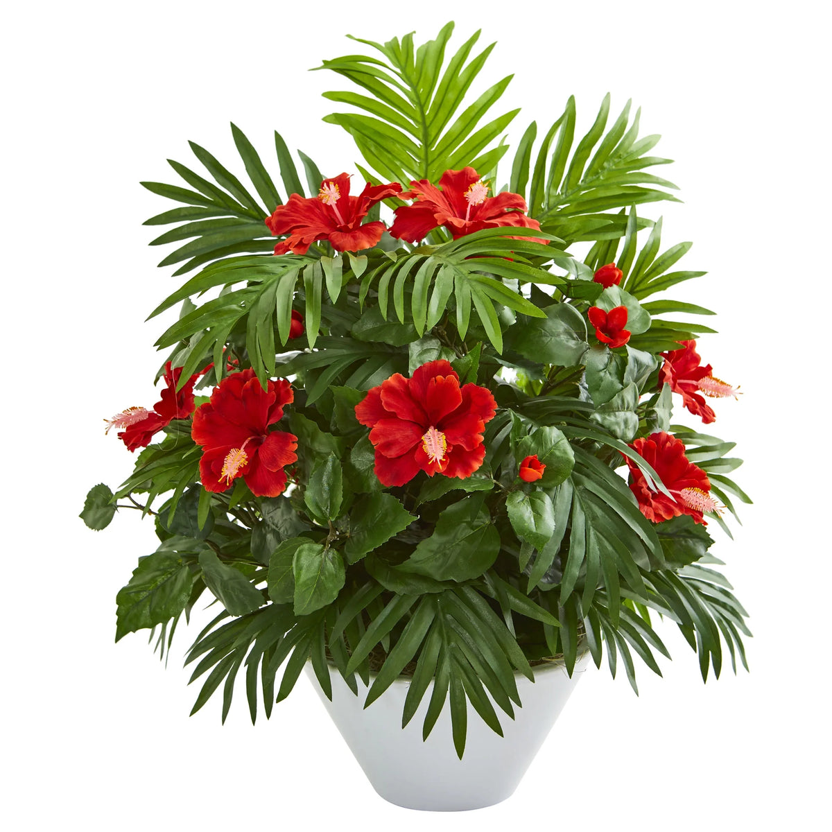 27in. Red Hibiscus and Areca Palm Artificial Plant in White Bowl N676
