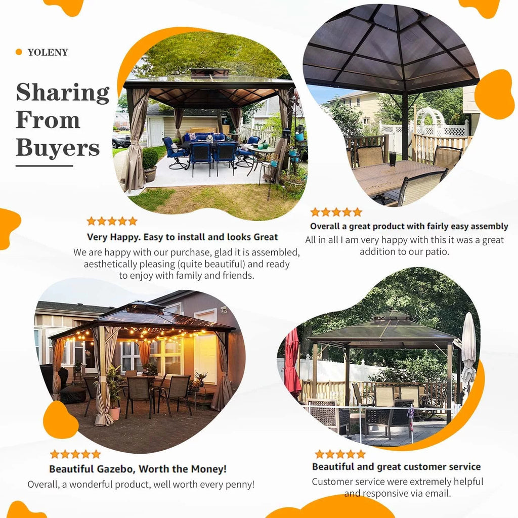 12 ft Polycarbonate Double Roof Hardtop Gazebo Canopy, Beige M93017