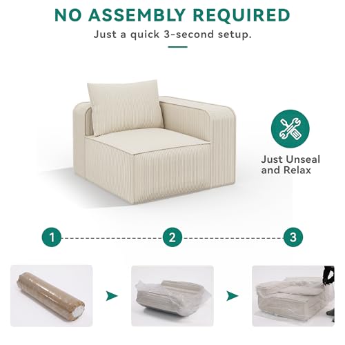 107 Inch Milky White Corduroy L-Shape Sectional Couch with 3 Pillows R548