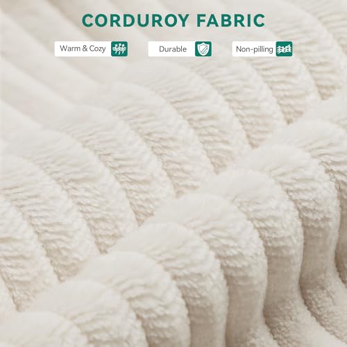 107 Inch Milky White Corduroy L-Shape Sectional Couch with 3 Pillows R548