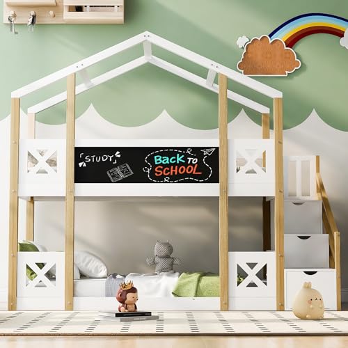 Twin Over Twin Wood Bunk Bed with Slide and Staircase G964