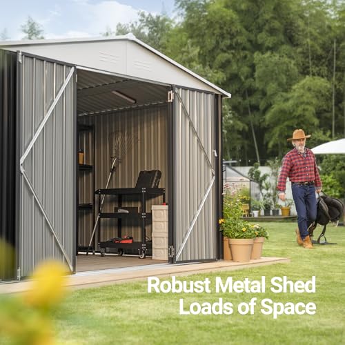 10x14 White Metal Storage Shed with Lockable Doors V86063