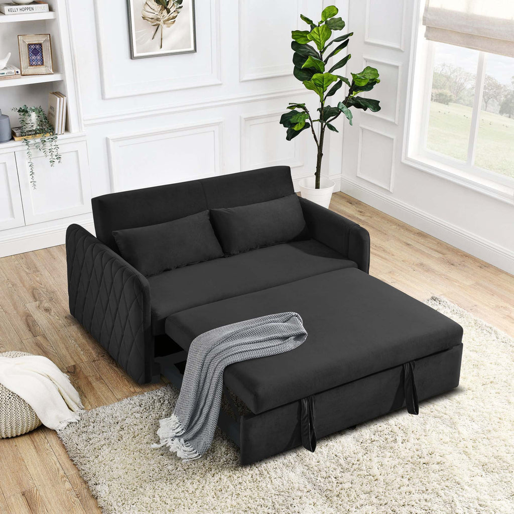 Black Pull Out Loveseat Sofa Bed with 2 Detachable Arm Pockets O3129