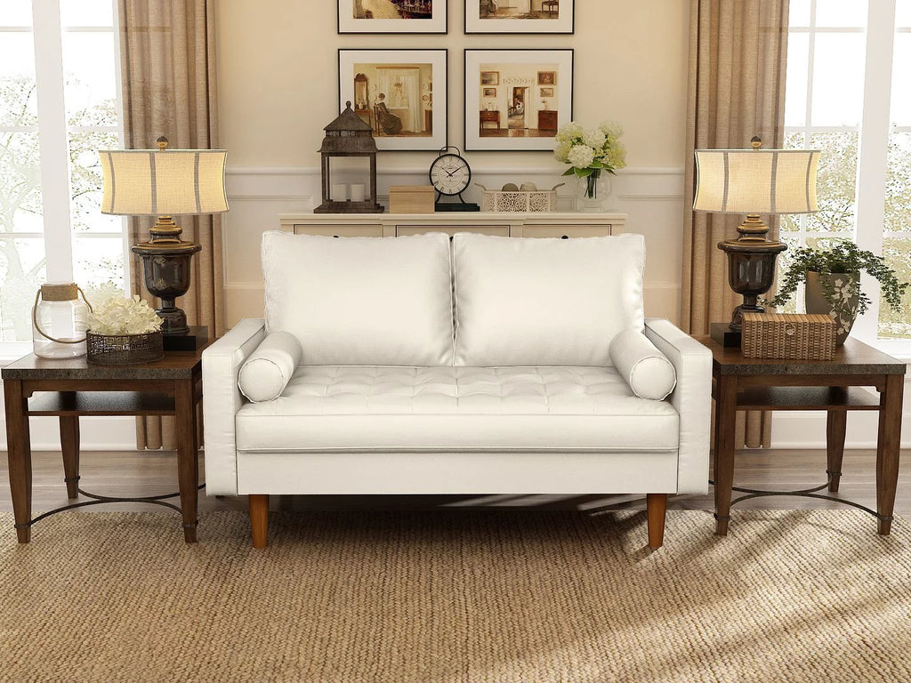Soft White Faux Leather Button-tufted Loveseat with Wooden Legs Y5098