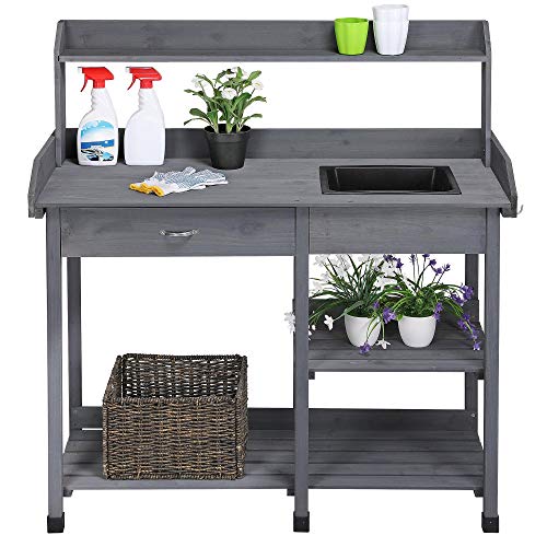 Wood Potting Bench with Sink Drawer Rack Shelves R94086