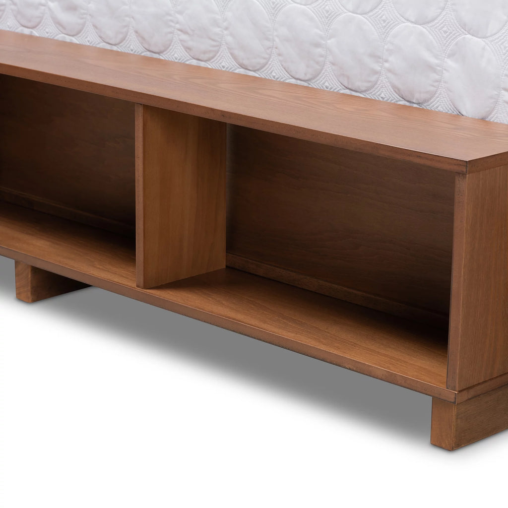 Ash Walnut Brown Wood Full Size Platform Bed with Built-In Shelves L248