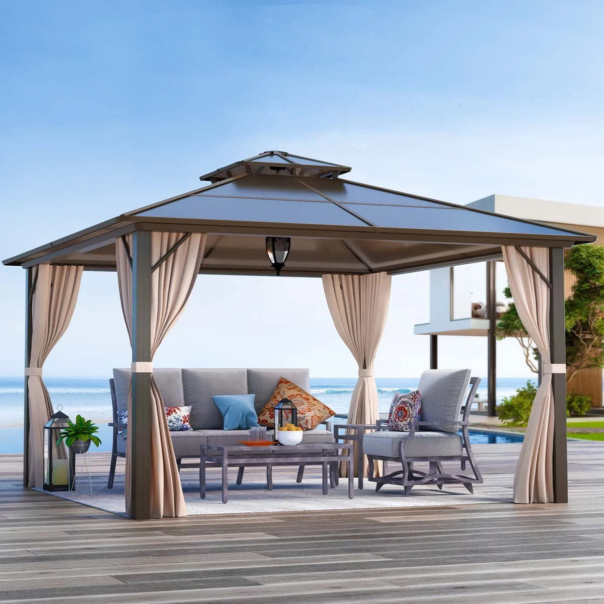 12 ft Polycarbonate Double Roof Hardtop Gazebo Canopy, Beige M93017