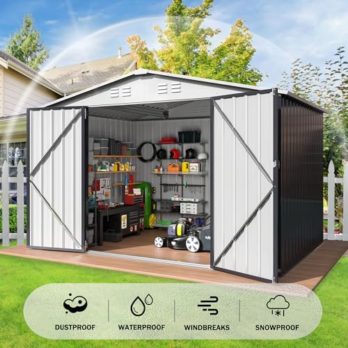 10x14 White Metal Storage Shed with Lockable Doors V86063