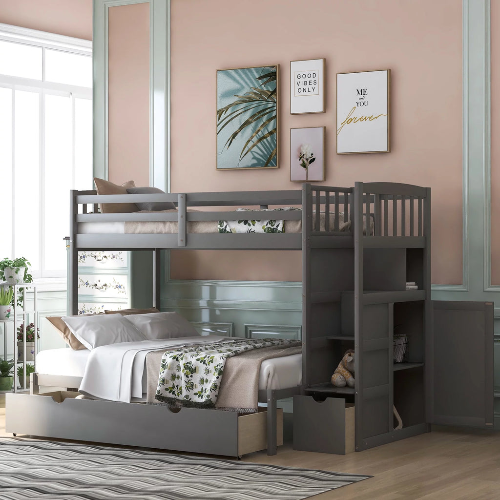Twin over Twin or Twin over Full Bunk Bed with Drawers, Shelf and Storage Cabinet, Gray K8073