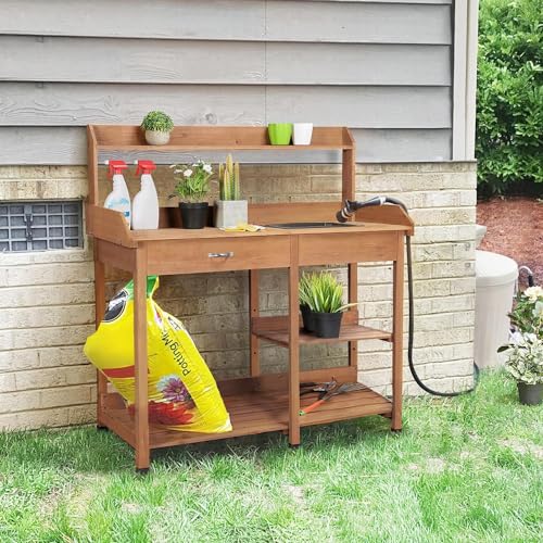 Wood Potting Bench with Sink Drawer Rack Shelves R94086