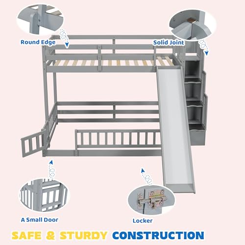 Twin Over Full Bunk Beds with Slide and Stairs, Wood Bunk Bed with Storage Staircase I55686