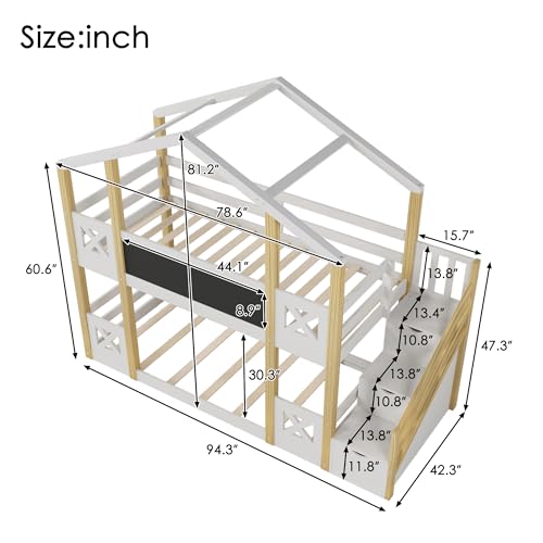 Twin Over Twin Wood Bunk Bed with Slide and Staircase G964