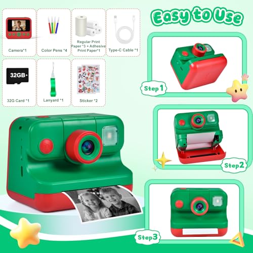 Kids Instant Print Camera with Carrying Bag, 1080P HD, 32GB Card, Pink X554634