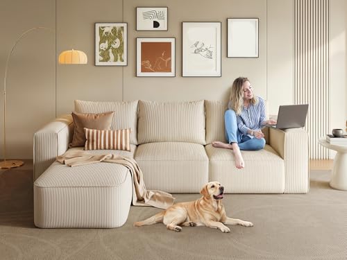 107 Inch Milky White Corduroy L-Shape Sectional Couch with 3 Pillows R548