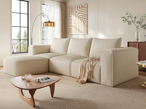 107 Inch Milky White Corduroy L-Shape Sectional Couch with 3 Pillows R548