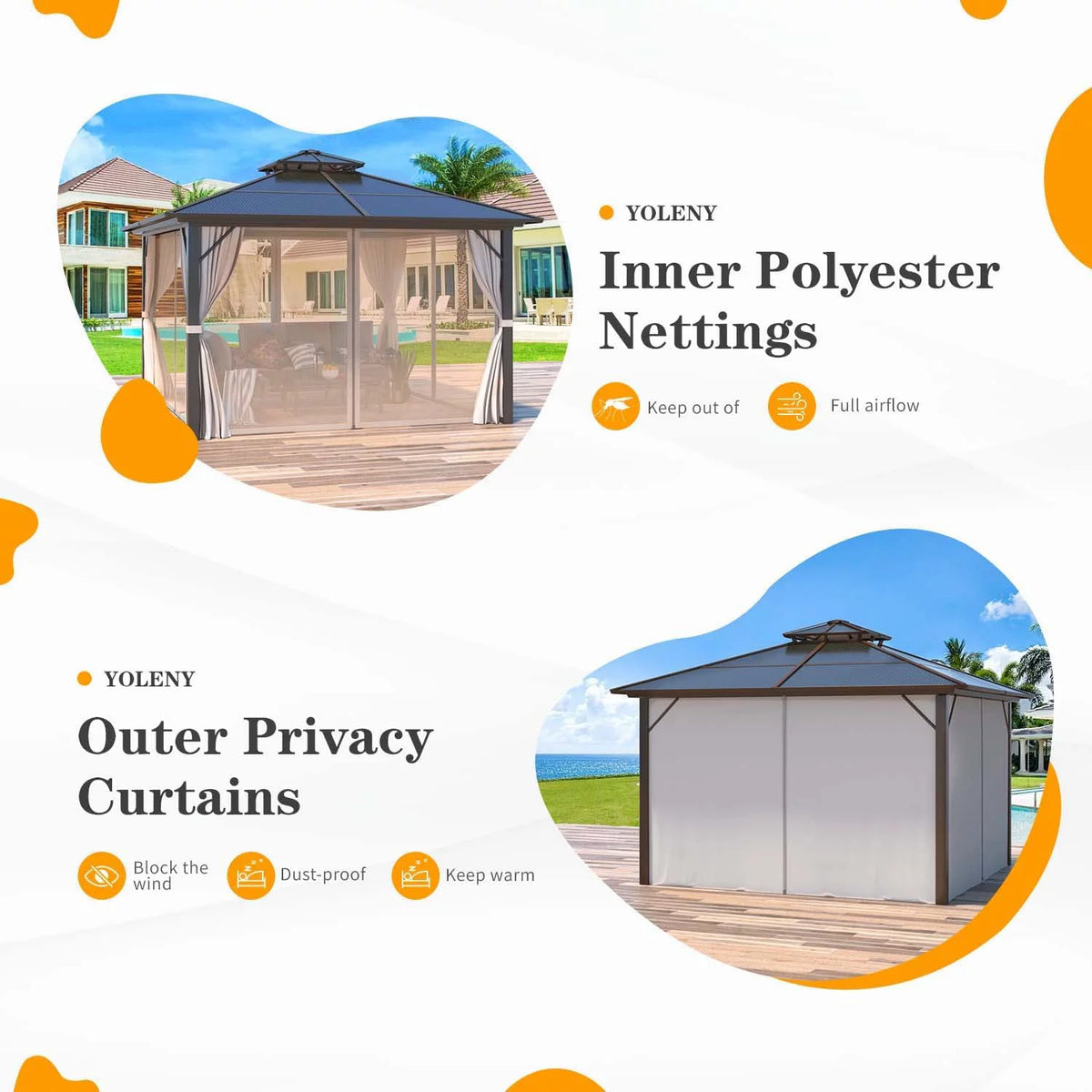 12 ft Polycarbonate Double Roof Hardtop Gazebo Canopy, Beige M93017
