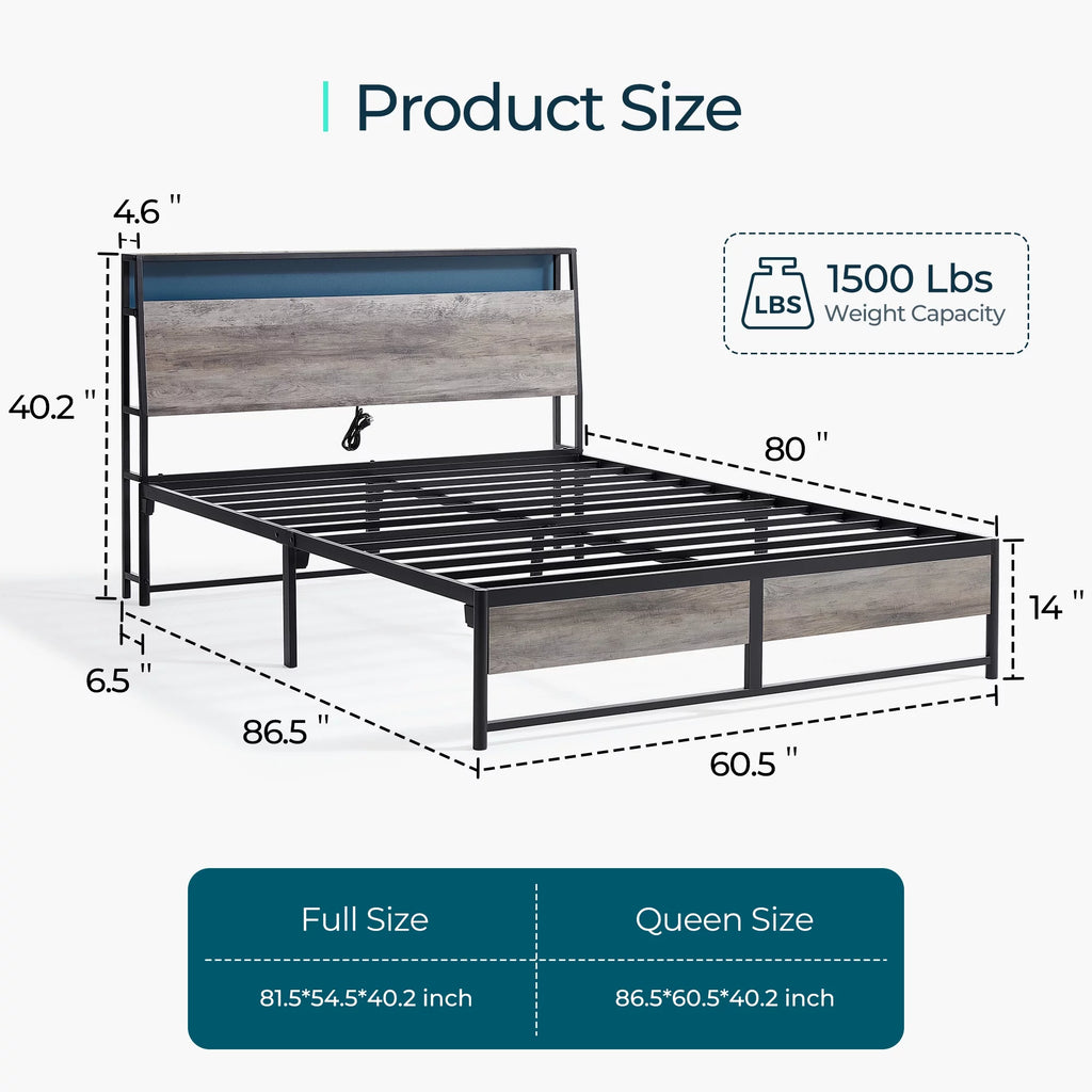 Full Size Metal Platform Bed Frame with Headboard and Storage Shelves T802080