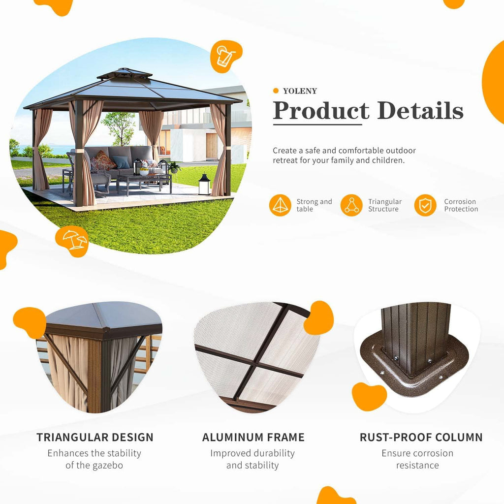 12 ft Polycarbonate Double Roof Hardtop Gazebo Canopy, Beige M93017